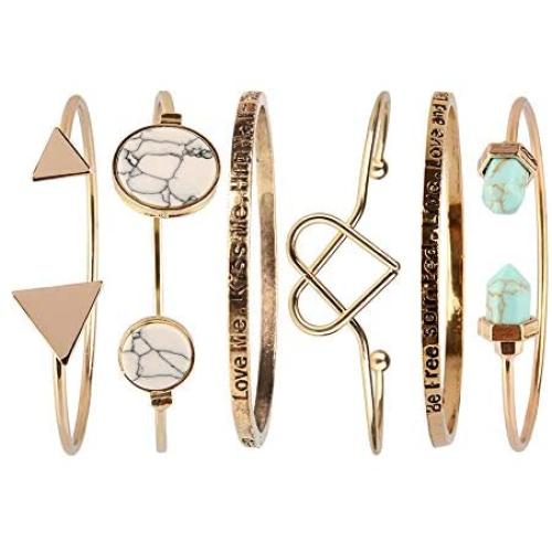 Chrontier Women Girls Boho Style Inspirational Bracelet Set Quote Engraved Multi-Layer Stackable Open Cuff Bangle Bracelets Friend Sister Gift Birthday Gold Plated Love Knot Triangle