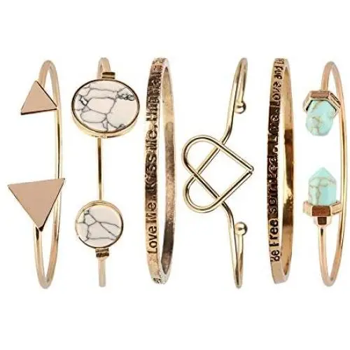 Chrontier Women Girls Boho Style Inspirational Bracelet Set Quote Engraved Multi-Layer Stackable Open Cuff Bangle Bracelets Friend Sister Gift Birthday Gold Plated Love Knot Triangle