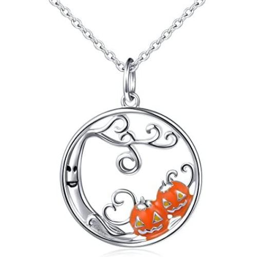 S925 Sterling Silver Pumpkin and Devil Forest or Sunflower Pendant Necklace for Women 18''