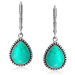 Boho Bali Style Milgrain Setting Semi Precious Gemstones Pear Shaped Teardrop Leverback Dangle Drop Earrings For Women Teen Oxidized 925 Sterling Silver