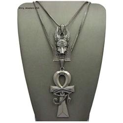 Shiny Jewelers USA Mens Egyptian Anubis & ANKH Cross Pendant & Box Chains Hip HOP Necklace Set Black