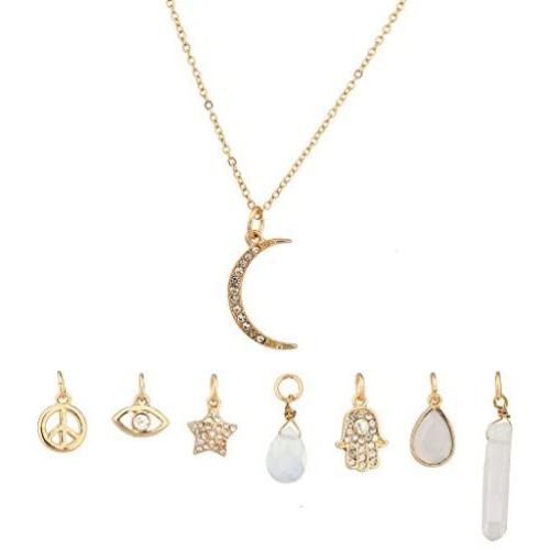 Lux Accessories Crescent Moon Celestial Crystal Hamsa Star Evil Eye Peave Amulet Interchangable Necklace Set