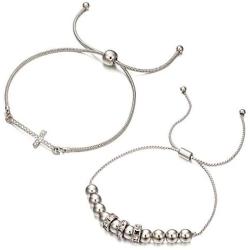 RareLove 2 PCS Crystal Cross Bead Charm Double Strand Stretch Adjustable Bracelet Alloy Christmas Godmother Godchildren Baptism Gift for Women Girls