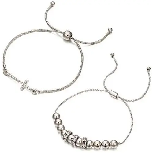 RareLove 2 PCS Crystal Cross Bead Charm Double Strand Stretch Adjustable Bracelet Alloy Christmas Godmother Godchildren Baptism Gift for Women Girls