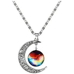 Adorit Mystical Galaxy & Crescent Moon Cosmic Colorful Pendant Necklace, Blue Glass, 17.5 Chain, Great Gift for Holidays, Birthdays, Special Days