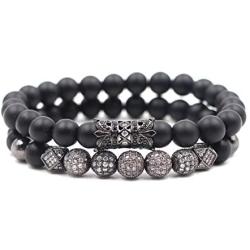 SEVENSTONE 2PCS Black Matte Onyx Prayer Beads Bracelet for Men Women Elastic Natural Stone