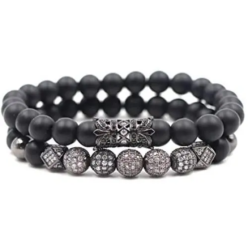 SEVENSTONE 2PCS Black Matte Onyx Prayer Beads Bracelet for Men Women Elastic Natural Stone SEVENSTONE 2PCS Black Matte Onyx Prayer Beads Bracelet for Men Women Elastic Natural Stone