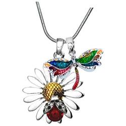 DianaL Boutique Beautiful Silvertone Daisy Flower Ladybug and Dragonfly Pendant Necklace 19'' Chain