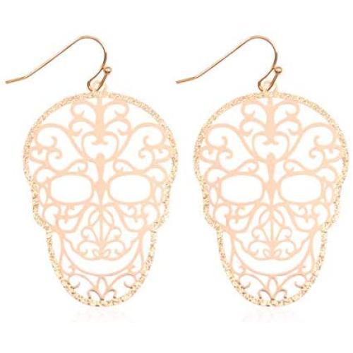 Sugar Skull Goth Punk Halloween Earrings - Calavera Lightweight Metallic Cutout Filigree Hook Dangles, Enamel, Acrylic Pearl Studs