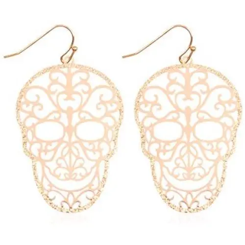 Sugar Skull Goth Punk Halloween Earrings - Calavera Lightweight Metallic Cutout Filigree Hook Dangles, Enamel, Acrylic Pearl Studs