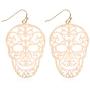 Sugar Skull Goth Punk Halloween Earrings - Calavera Lightweight Metallic Cutout Filigree Hook Dangles, Enamel, Acrylic Pearl Studs