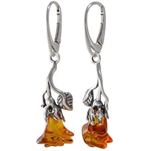 Sterling Silver and Baltic Honey Amber Dangling Earrings''Roses'' Sterling Silver and Baltic Honey Amber Dangling Earrings''Roses''