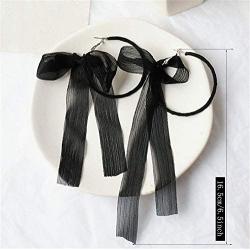 DAMLENG Fashion Lightweight Handmade Black Beaded Hoop Earrings Unique Long Ribbon Bow Tassel Dangle Drop Earrings Jewelry for Women Girls