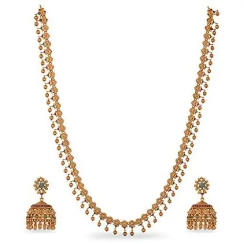 Tarinika Gold-Plated Indian Jewelry Set with Long Necklace and Earrings - Red Green