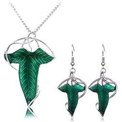2 Pieces Lord of The Rings Elven Green Leaf Earrings and Necklace for Woman Girls