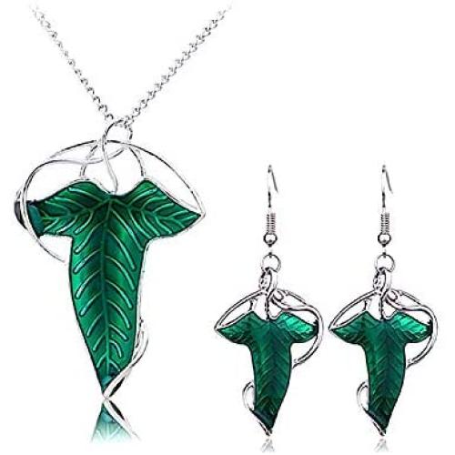 2 Pieces Lord of The Rings Elven Green Leaf Earrings and Necklace for Woman Girls