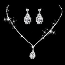 Unicra Bride Silver Necklace Earrings Sets Crystal Bridal Wedding Jewelry Set Rhinestone Choker Necklace for Women and Girls (Silver 1)