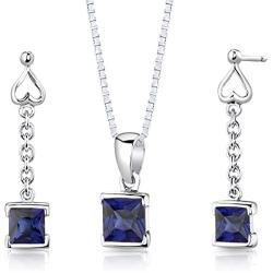 Peora Created Blue Sapphire Drop Earrings and Pendant Necklace Jewelry Set for Women in Sterling Silver, Dainty Heart Accent, 2.75 Carats total Princess Cut, with 18 inch Chain