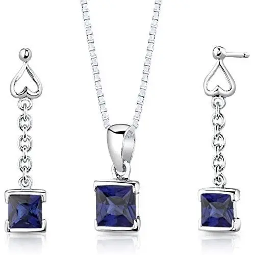 Peora Created Blue Sapphire Drop Earrings and Pendant Necklace Jewelry Set for Women in Sterling Silver, Dainty Heart Accent, 2.75 Carats total Princess Cut, with 18 inch Chain Peora Created Blue Sapphire Drop Earrings and Pendant Necklace Jewelry Set for Women in Sterling Silver, Dainty Heart Accent, 2.75 Carats total Princess Cut, with 18 inch Chain