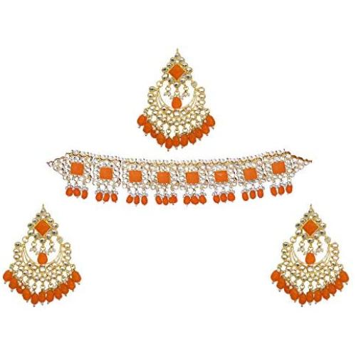 Finekraft Indian Meena KUNDAN Bridal Wedding Designer Gold Plated Pearls Necklace Jewelry Set