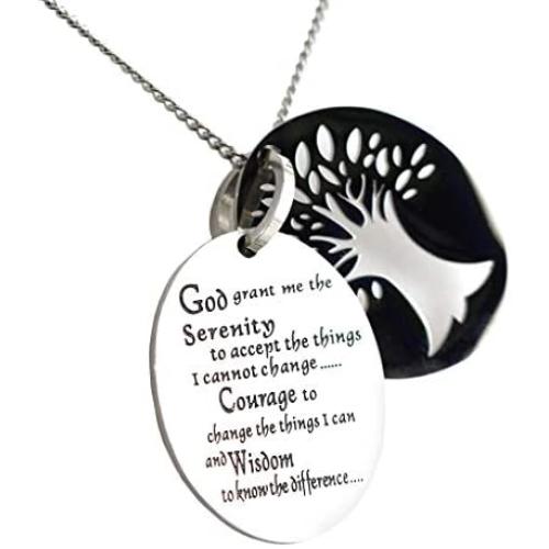 Rush Industries Two Piece Serenity Prayer Pendant Necklace with Tree of Life Cut Out - Prayer Necklace - 12 Step Jewelry