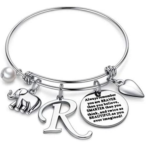 M MOOHAM Initial Charm Bracelet Elephant Llama Pineapple Horse Gifts for Women Girls, Engraved Quote Charm Bracelet Jewelry Gifts