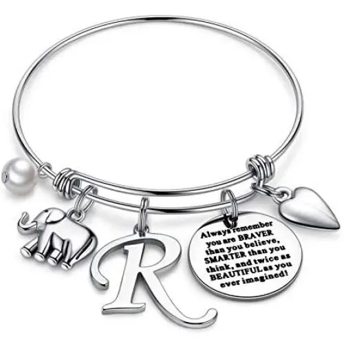 M MOOHAM Initial Charm Bracelet Elephant Llama Pineapple Horse Gifts for Women Girls, Engraved Quote Charm Bracelet Jewelry Gifts