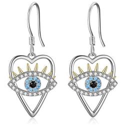 Evil Eye Earrings Sterling Silver Heart Evil Eye Dangle Earrings Cubic Zirconia Evil Eye Jewelry Gifts for Women Wife
