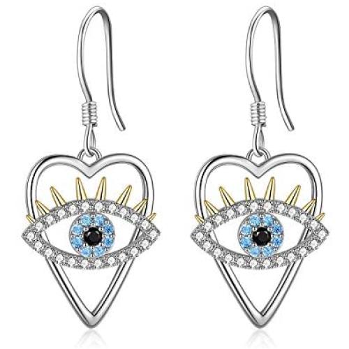 Evil Eye Earrings Sterling Silver Heart Evil Eye Dangle Earrings Cubic Zirconia Evil Eye Jewelry Gifts for Women Wife