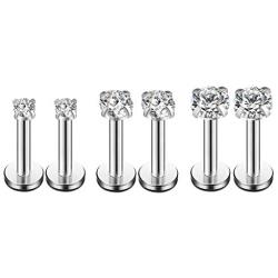 16g CZ Labret Cartilage Tragus Monroe Lip Nose Helix Studs Earrings Stainless Steel Cubic Zirconia Piercings Jewelry 2mm 3mm 4mm 3 Pairs Set