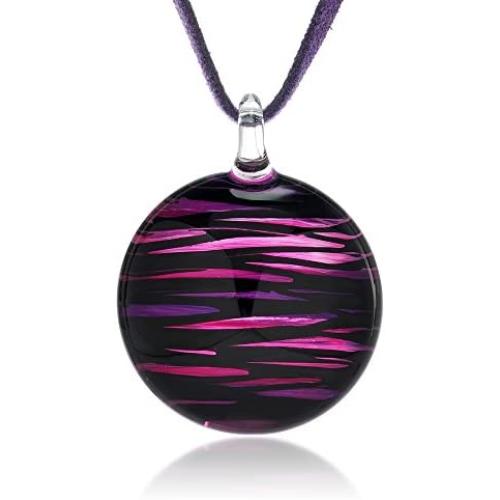 SUVANI Handmade Glass Jewelry Abstract Art Black Pink Purple Round Pendant Necklace 18''