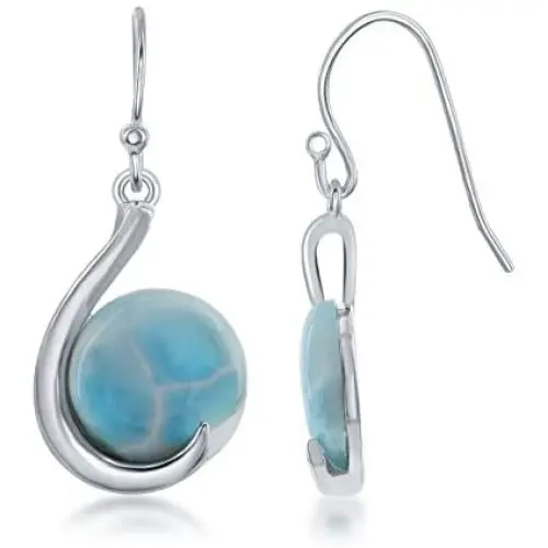 Sterling Silver Round Natural Larimar Curved Dangle Earrings Sterling Silver Round Natural Larimar Curved Dangle Earrings