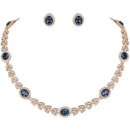 EVER FAITH Austrian Crystal Luxury Floral Leaf Necklace Stud Earrings Set EVER FAITH Austrian Crystal Luxury Floral Leaf Necklace Stud Earrings Set