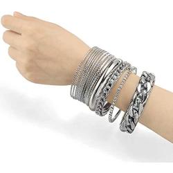 ENSOUL Multiple Textured Metal Bracelets & Bangles Set 14Pcs/Set W/Clear Rhinestones