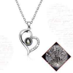 I Love You Necklace 100 Languages Projection Heart Pendant Necklace Crystal Loving Memory Collarbone Necklace with Red Rose Jewelry Storage Box for Valentines Day (Silver)