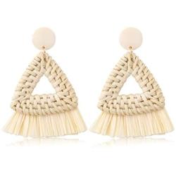 FUNRUN JEWELRY Rattan Tassel Earring for Women Straw Wicker Drop Dangle Raffia Earring Geometric Handmade Statement Hoop Earring Lighweight