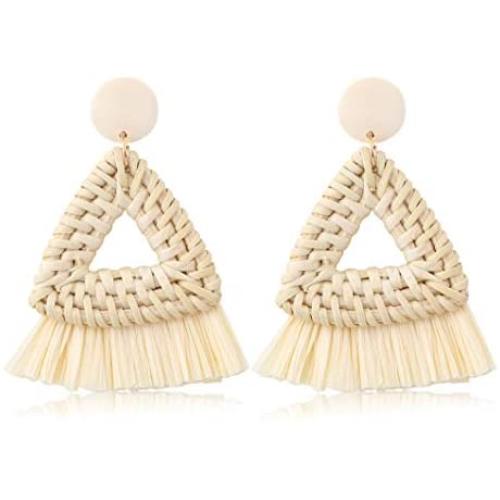 FUNRUN JEWELRY Rattan Tassel Earring for Women Straw Wicker Drop Dangle Raffia Earring Geometric Handmade Statement Hoop Earring Lighweight