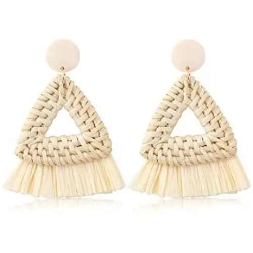 FUNRUN JEWELRY Rattan Tassel Earring for Women Straw Wicker Drop Dangle Raffia Earring Geometric Handmade Statement Hoop Earring Lighweight