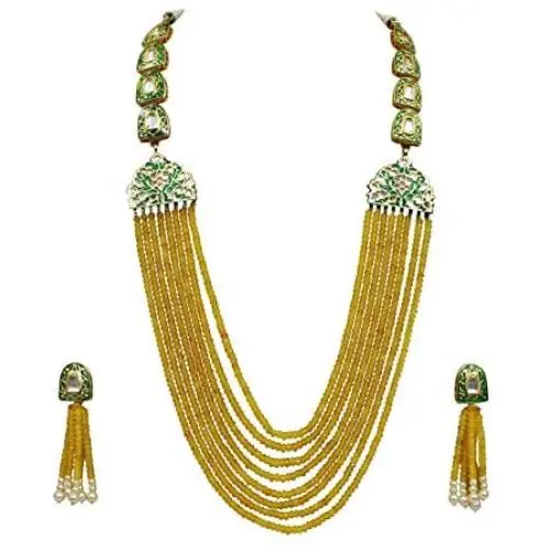 Babosa Sakhi Jaipuri Kundan Necklace Yellow Onyx Beaded Ethnic Long Jewelry Set Babosa Sakhi Jaipuri Kundan Necklace Yellow Onyx Beaded Ethnic Long Jewelry Set