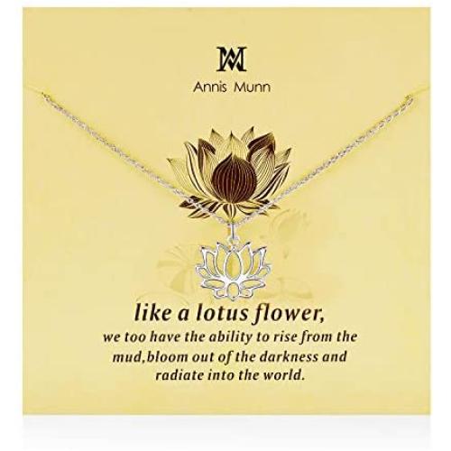 Annis Munn Lotus Necklace - 925 Sterling Silver Flower Pendant Necklace, Dainty Lotus Charm Valentines Day Jewelry