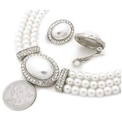 Christina Collection Elegant Multi Layered Strands Cream or White Pearl Crystal Necklace Clip on Earrings Set Gift Bijoux