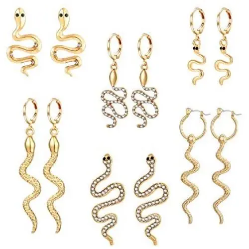 GLBCC Snake Earrings for Women,18 K Gold Plated Snake Dangle Earrings Punk Chunky Serpent Charm Pendant Necklace Dainty Rhinestone Huggie Hoop Earrings Necklaces Jewelry Set for Women Men