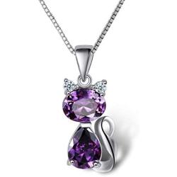 DreamsEden 18 Silver Box Chain Womens Amethyst Cat Pendant Necklace, Purple (Gift Box & Greeting Card)