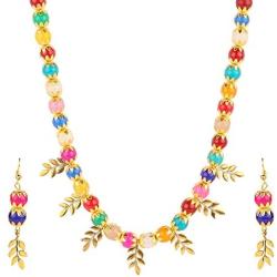 Efulgenz Boho Indian Bollywood Antique Leaf Tassel Faux Pearl Beaded Strand Statement Necklace Earrings Jewelry Set