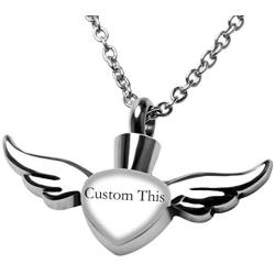 Fanery Sue Personalized Custom Heart Angel Wing Urn Necklace for Ashes Mom Dad Keepsake Cremation Memorial Pendant Necklace