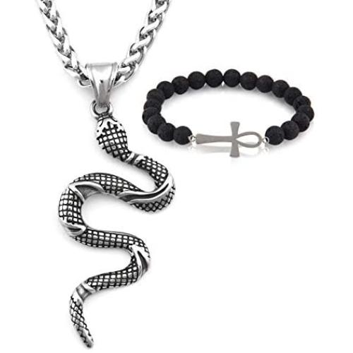 GUNGNEER Stainless Steel Egyptian Egypt Cobra Snake Pendant Necklace Protection Strength Amulet Jewelry Talisman