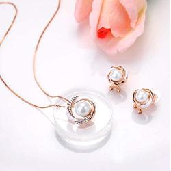 Rose Gold Pearl Jewelry Set Women Two Tone Circle Pearl Enameled Leverback Earrings and Pendant Necklace Bridal Bridesmaids Wedding Jewelry Set