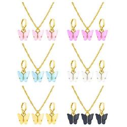 6 Sets Butterfly Jewelry Sets Include Acrylic Butterfly Pendant Necklace and Huggie Hoop Drop Earrings for Women Girls