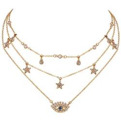 Yalice Dainty Layered Blue Evil Eye Pendant Necklace Chain Crystal Star Dangle Necklaces Water Drop Jewelry for Women and Girls