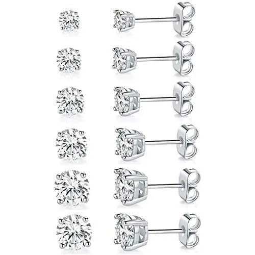 GEMSME18K White Gold Plated 4 Pong Round Clear Cubic Zirconia Stud Earring Pack of 5/6
